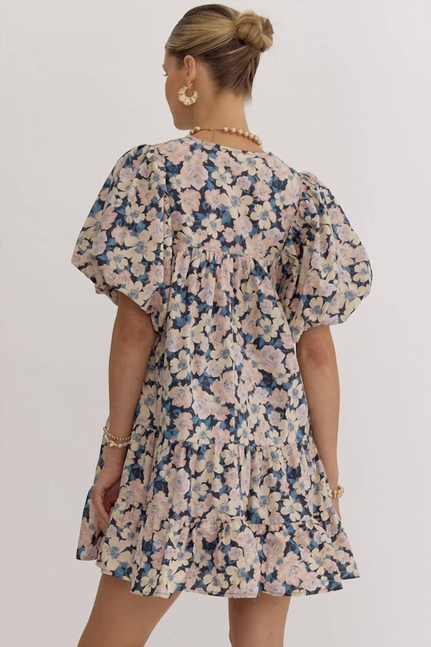 Entro - Ballina Floral Print V-Neck Bubble Sleeve Mini Dress