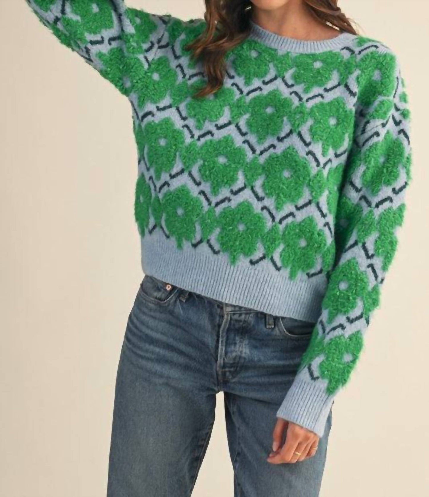 &Merci - Fuzzy Flower Crew Sweater