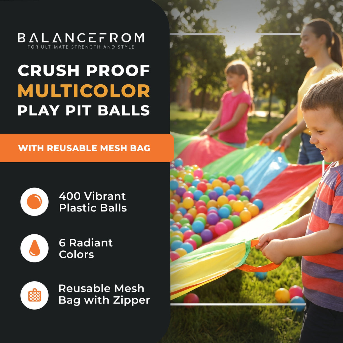 Bolas de brinquedo BalanceFrom Fitness de 2,3 pol. à prova de esmagamento com bolsa de armazenamento, multicoloridas
