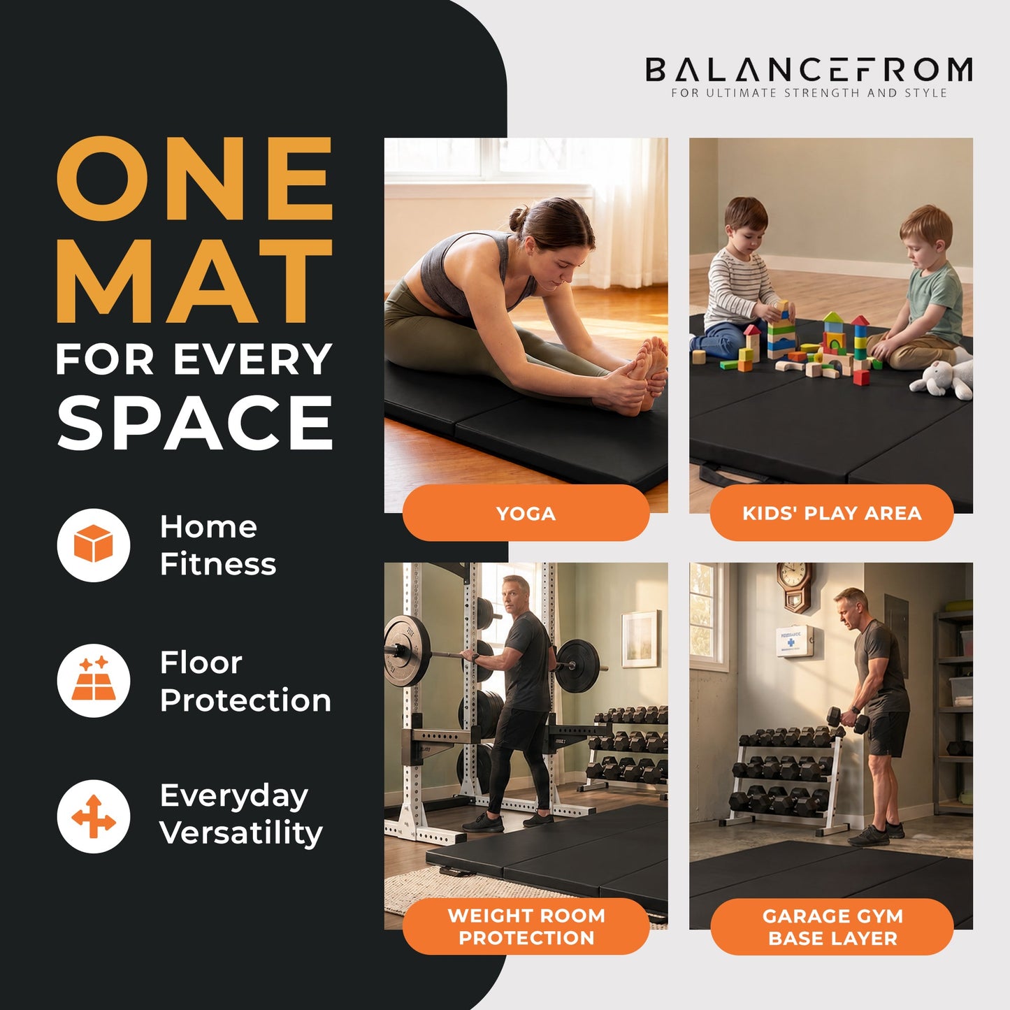 Tapete de ginástica dobrável multiuso BalanceFrom Fitness 120 x 48", preto