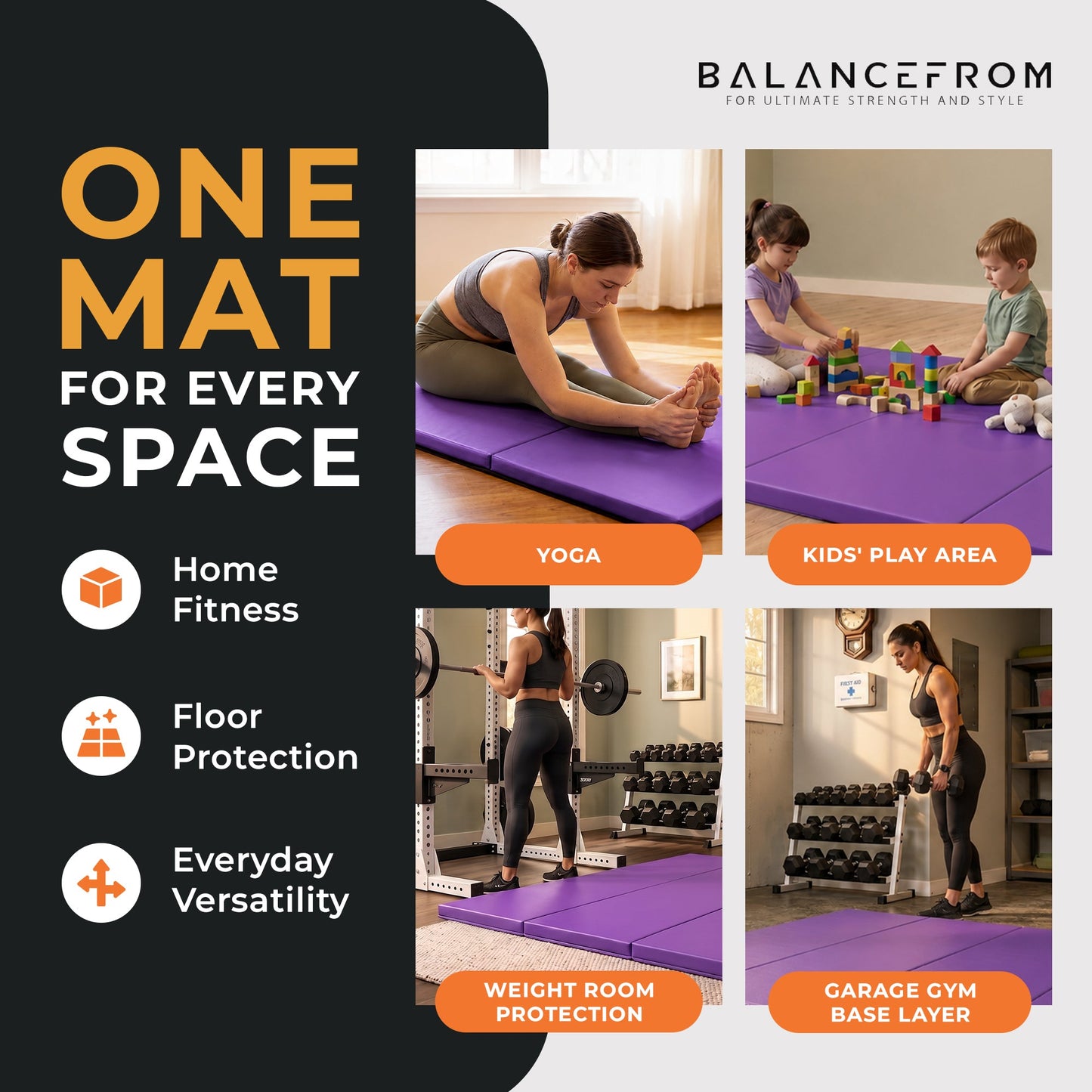 Tapete de ginástica dobrável multiuso BalanceFrom Fitness GoGym 120x48 pol., roxo