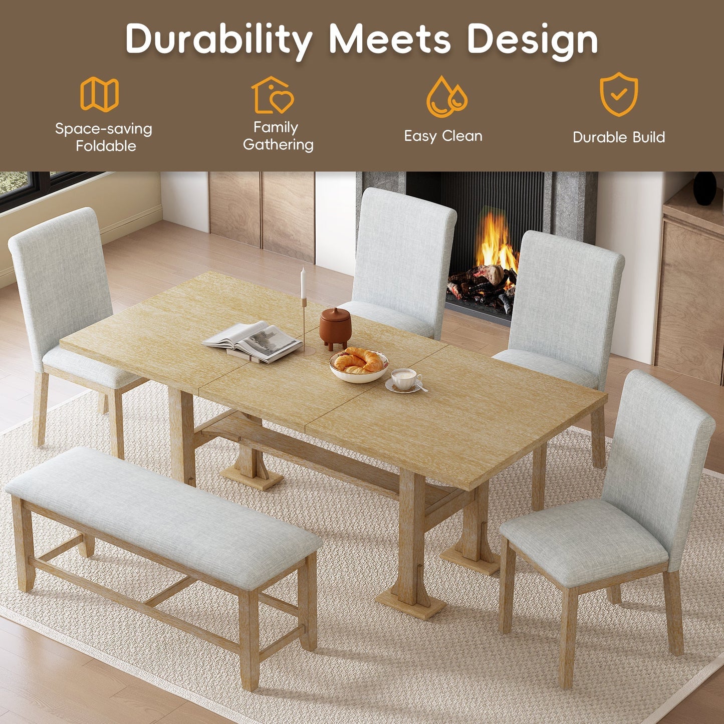 Artisanal 6-Piece Extendable Solid Wood Dining Set with Bench Seating