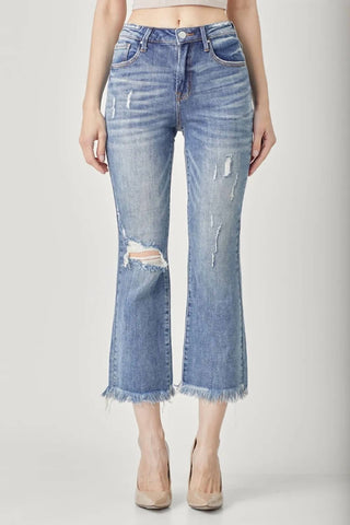 Risen - Calça jeans cropped bootcut desgastada de cintura alta