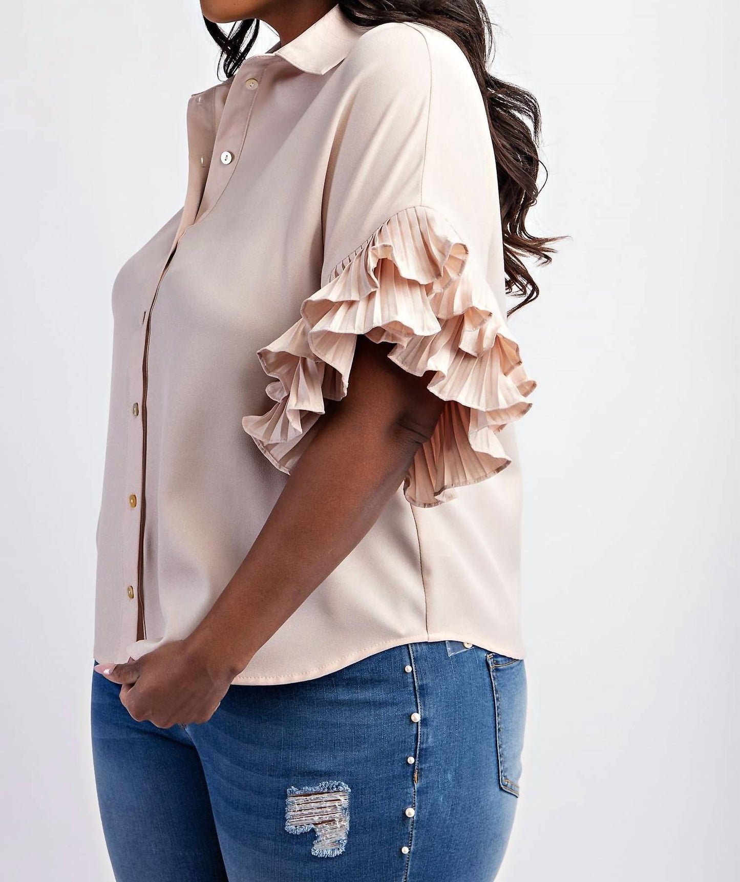 The Curve La - Plus Size Pleated Ruffle Sleeve Shirt Top