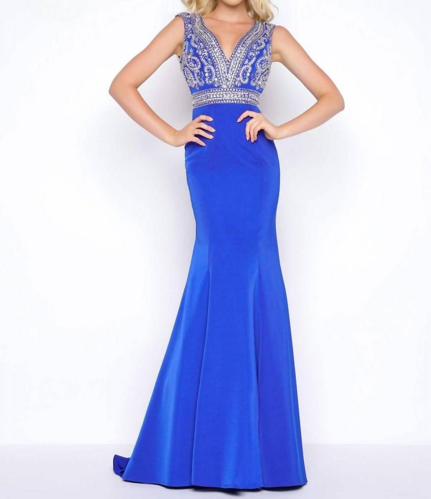 Mac Duggal - Deep V-neck Beaded Bodice Prom Dress