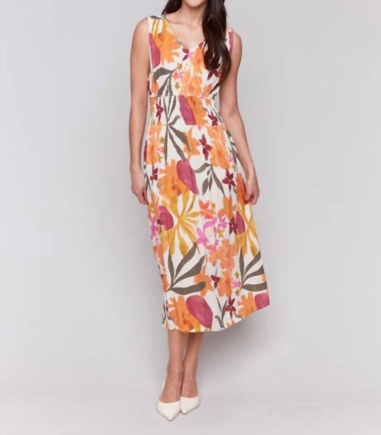 Charlie B - Printed Sleeveless V-neck Dress With Ruching At Empire Waist