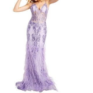 Jovani - Vestido com corpete e saia de penas