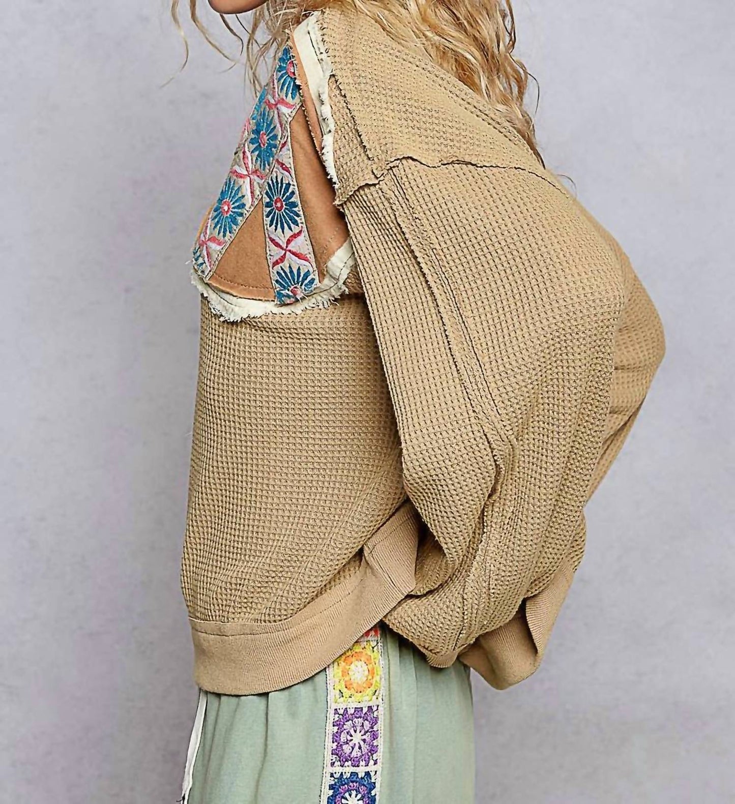 Pol - Waffle Knit Embroidered Patch Work Pullover