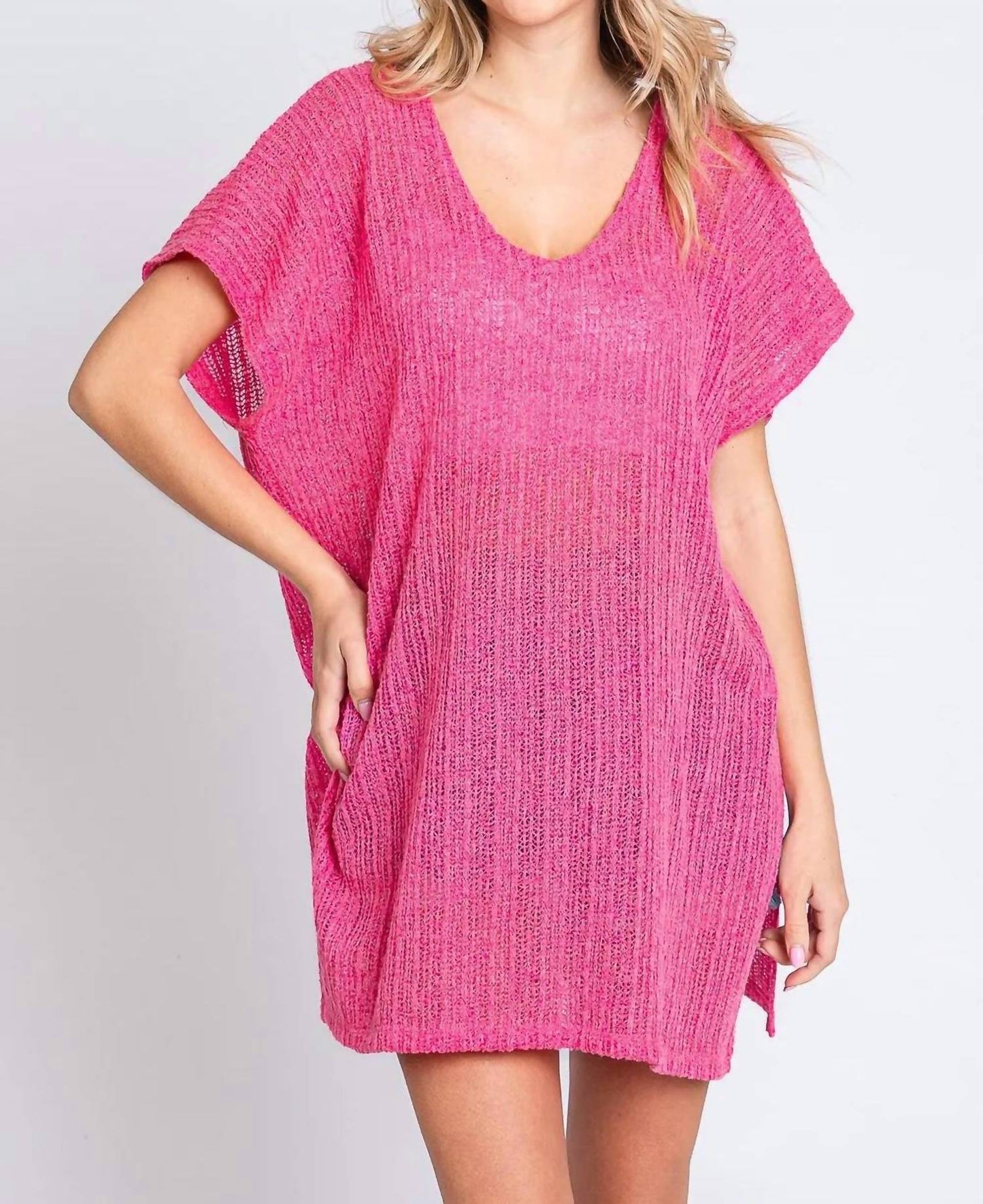 Trendsi - GeeGee Short Sleeve Side Slit Knit Cover Up Dress