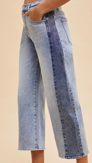 Anniewear - Two Tone Side Panel Stretch Barrel Leg Crop Jean