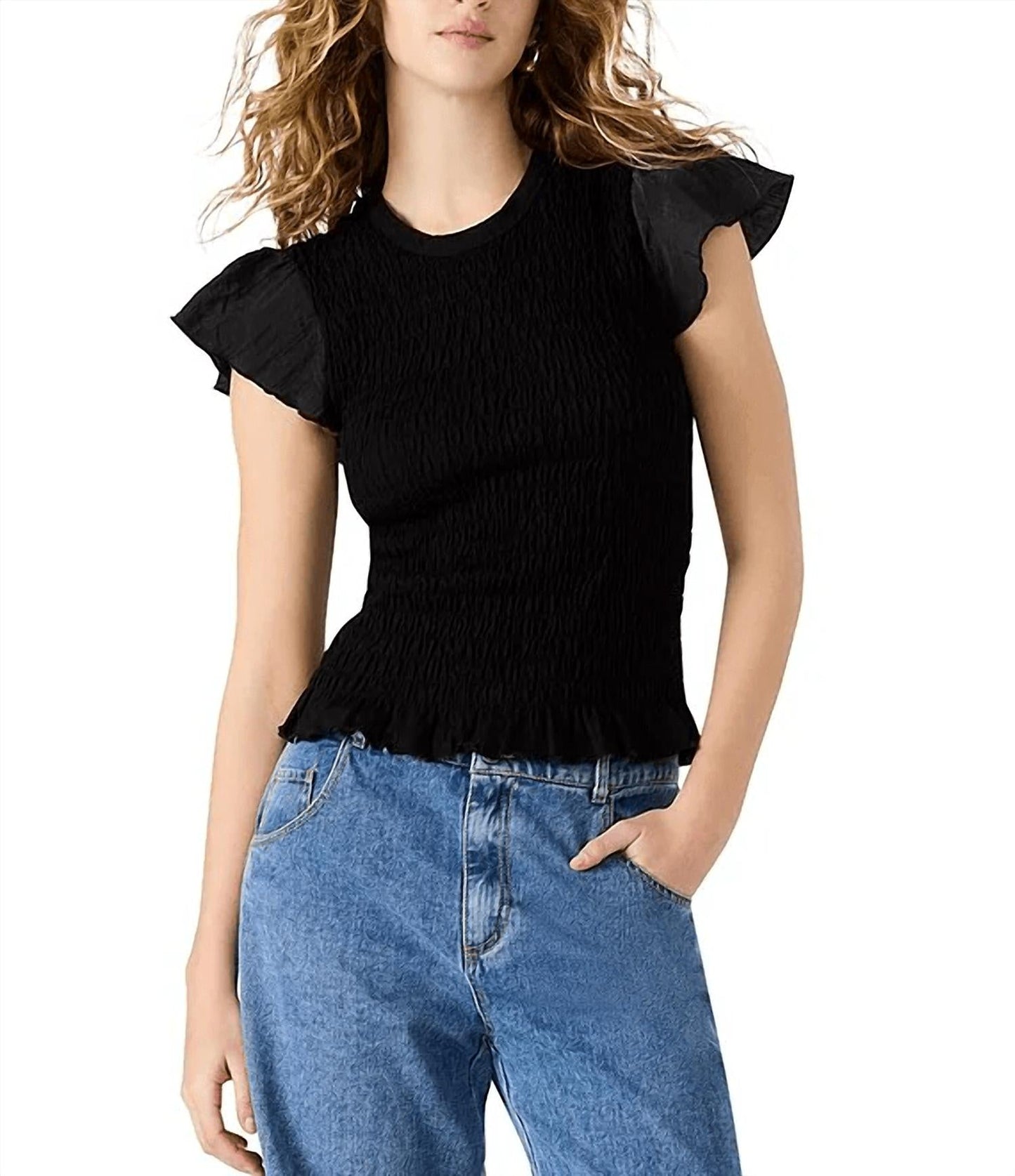 Steve Madden - Cecilie Crew Neck Short Sleeve Smocked Peplum Top