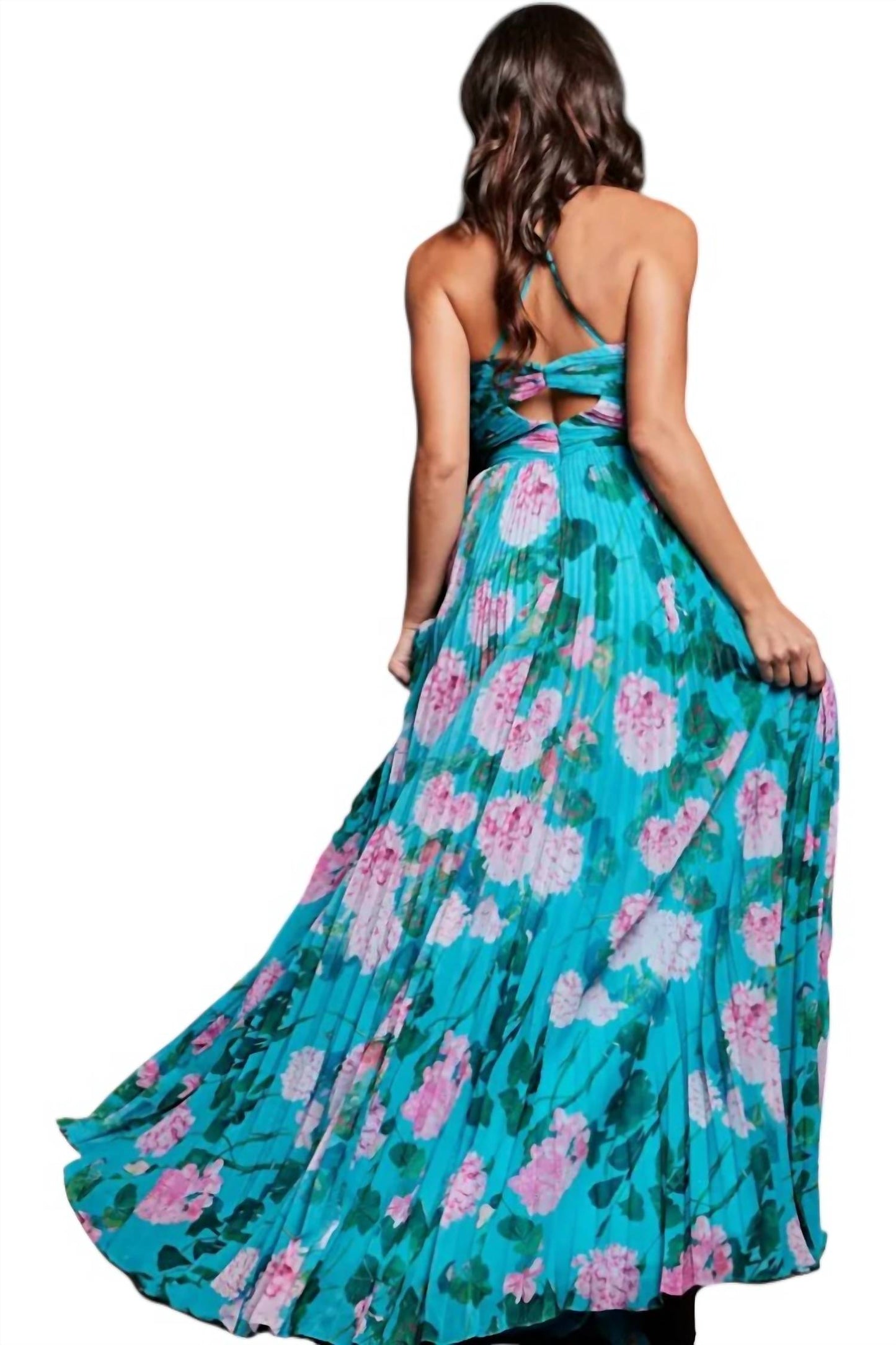 Jovani - Floral Pleated Gown