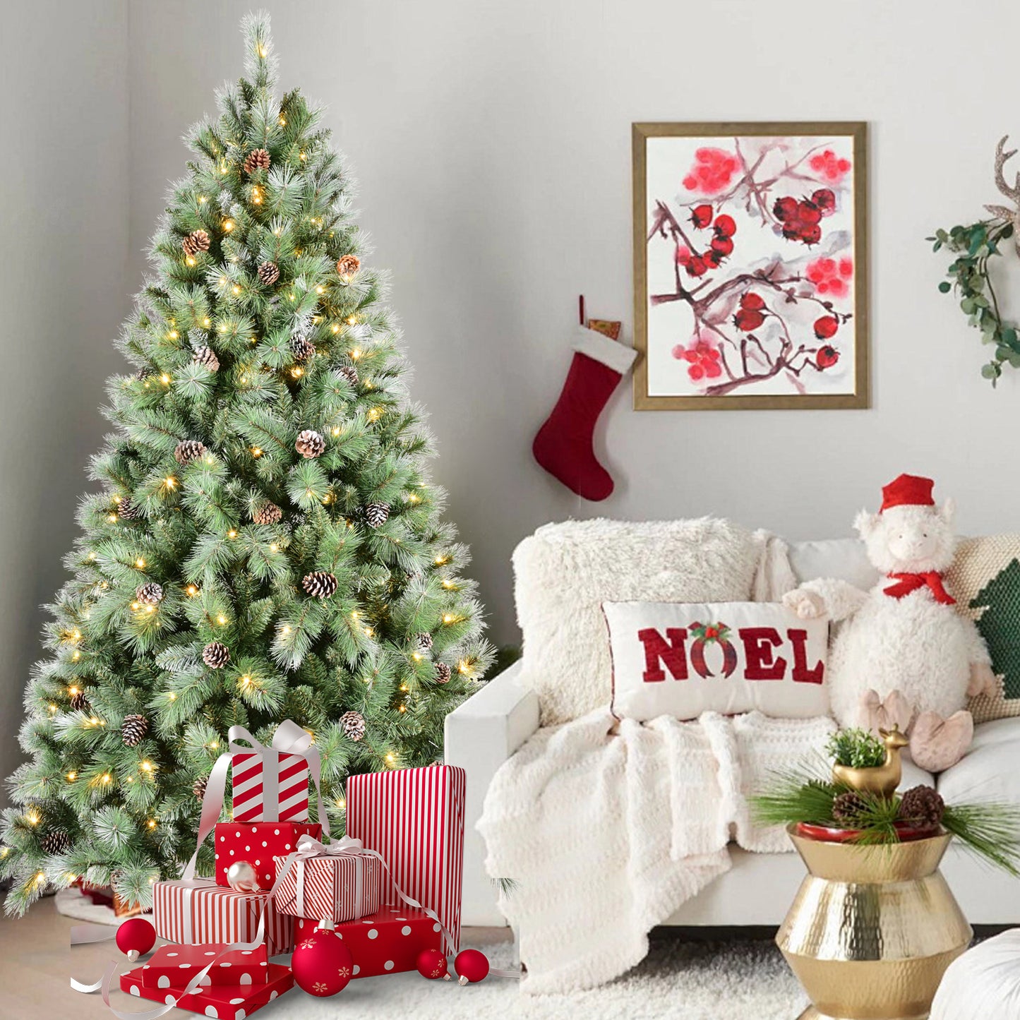 6FT Christmas Tree with 300 Warm White LED Lights – , Hinged Branch Design, Sturdy Metal Stand