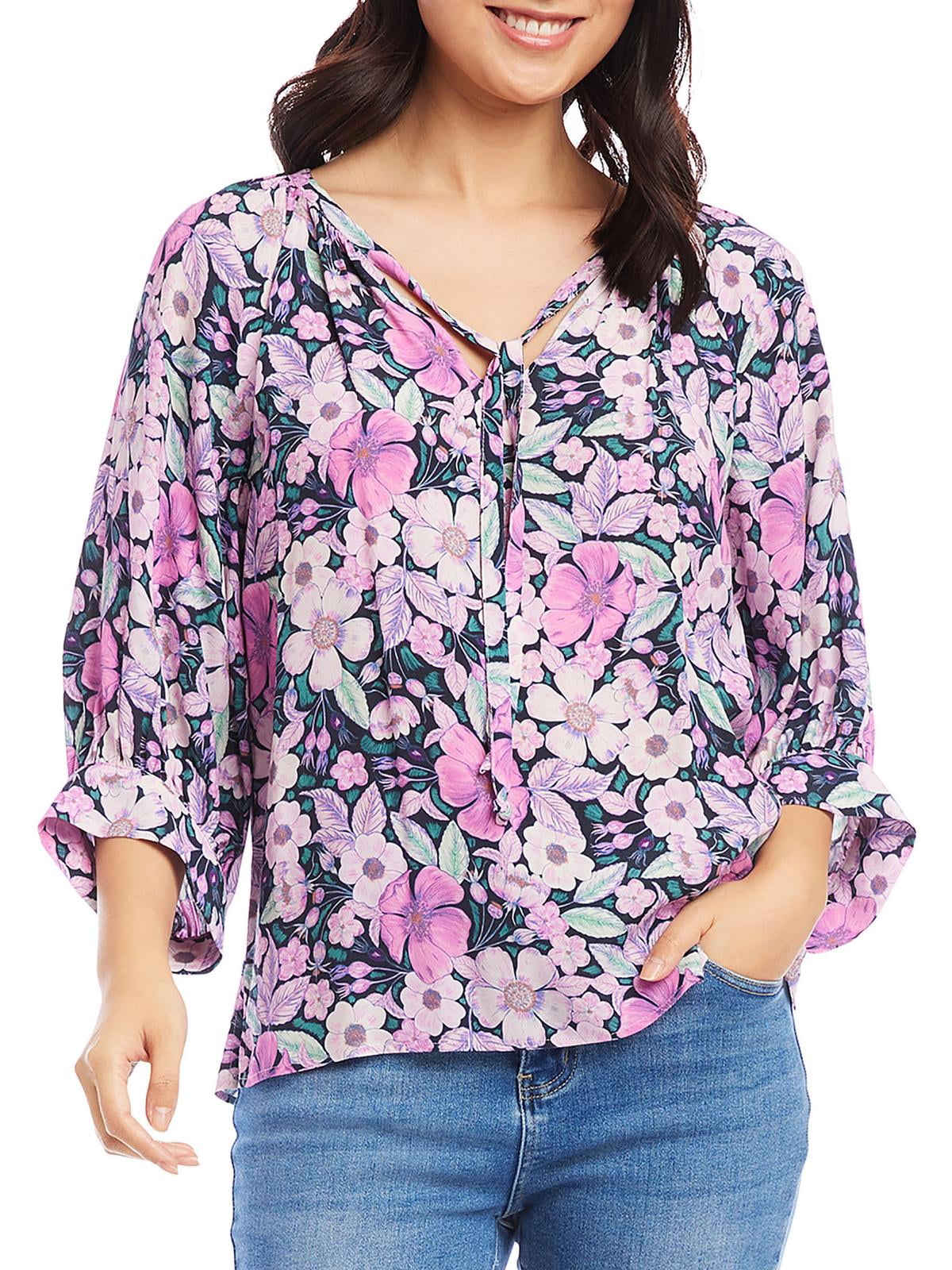 Blusa Karen Kane com estampa floral e manga comprida, cinza, tamanho XS