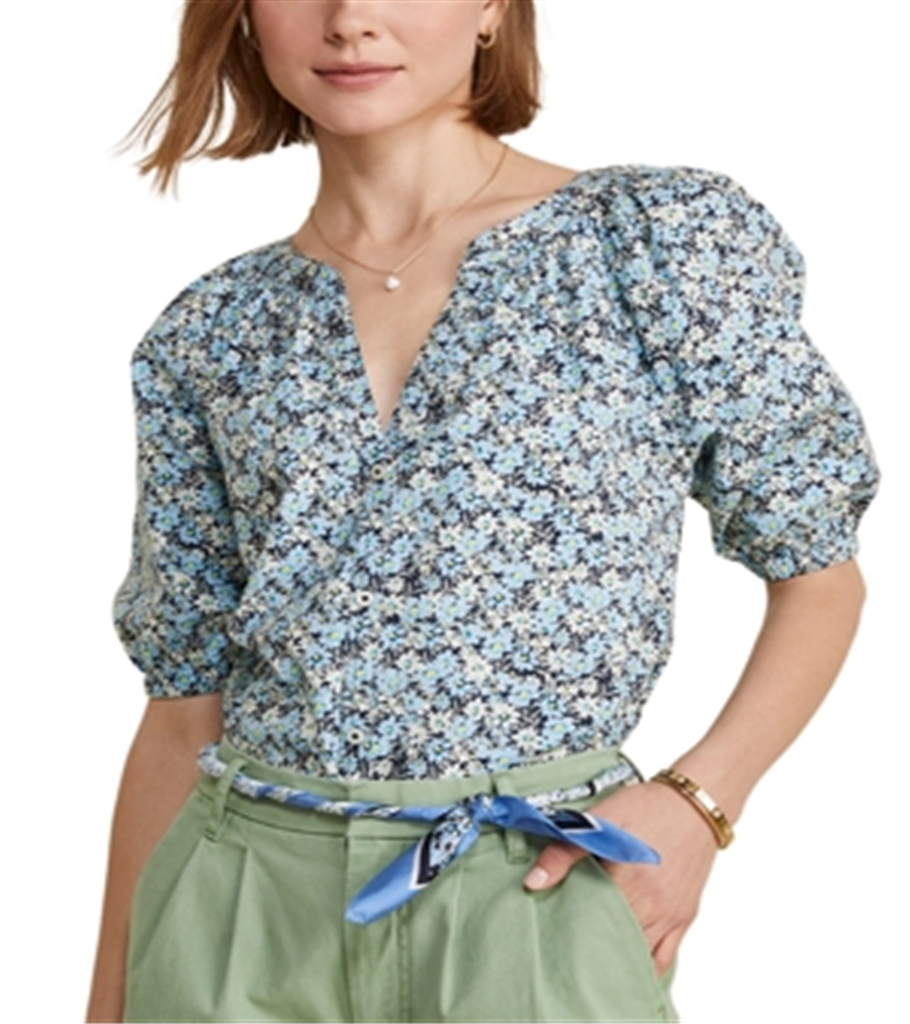 Blusa Vineyard Vines com manga bufante e botões frontais, azul