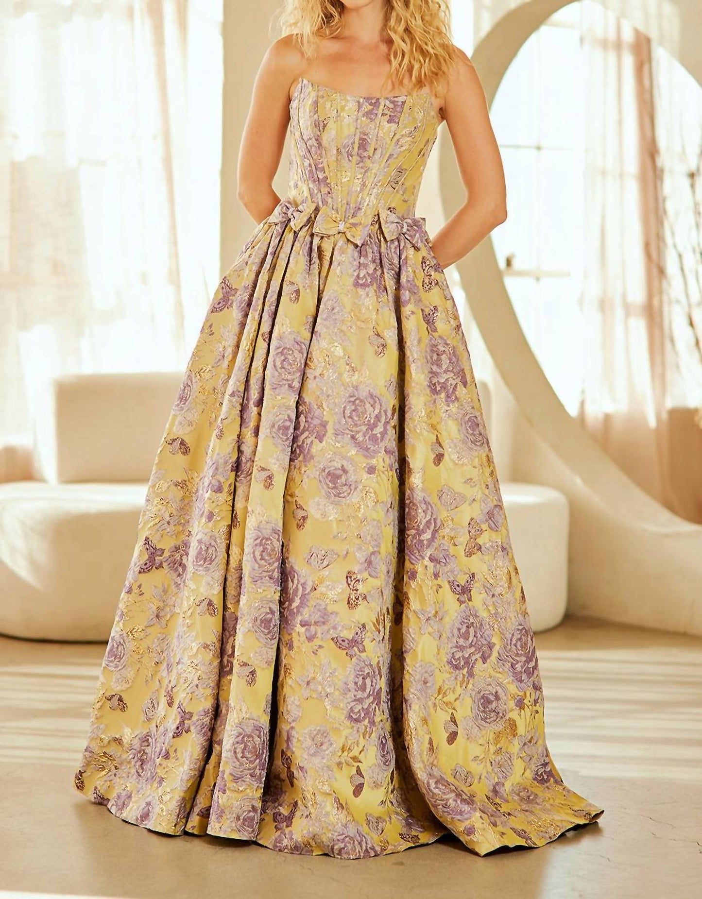 Amelia Couture - Strapless Flower Bow Detail Prom Gown