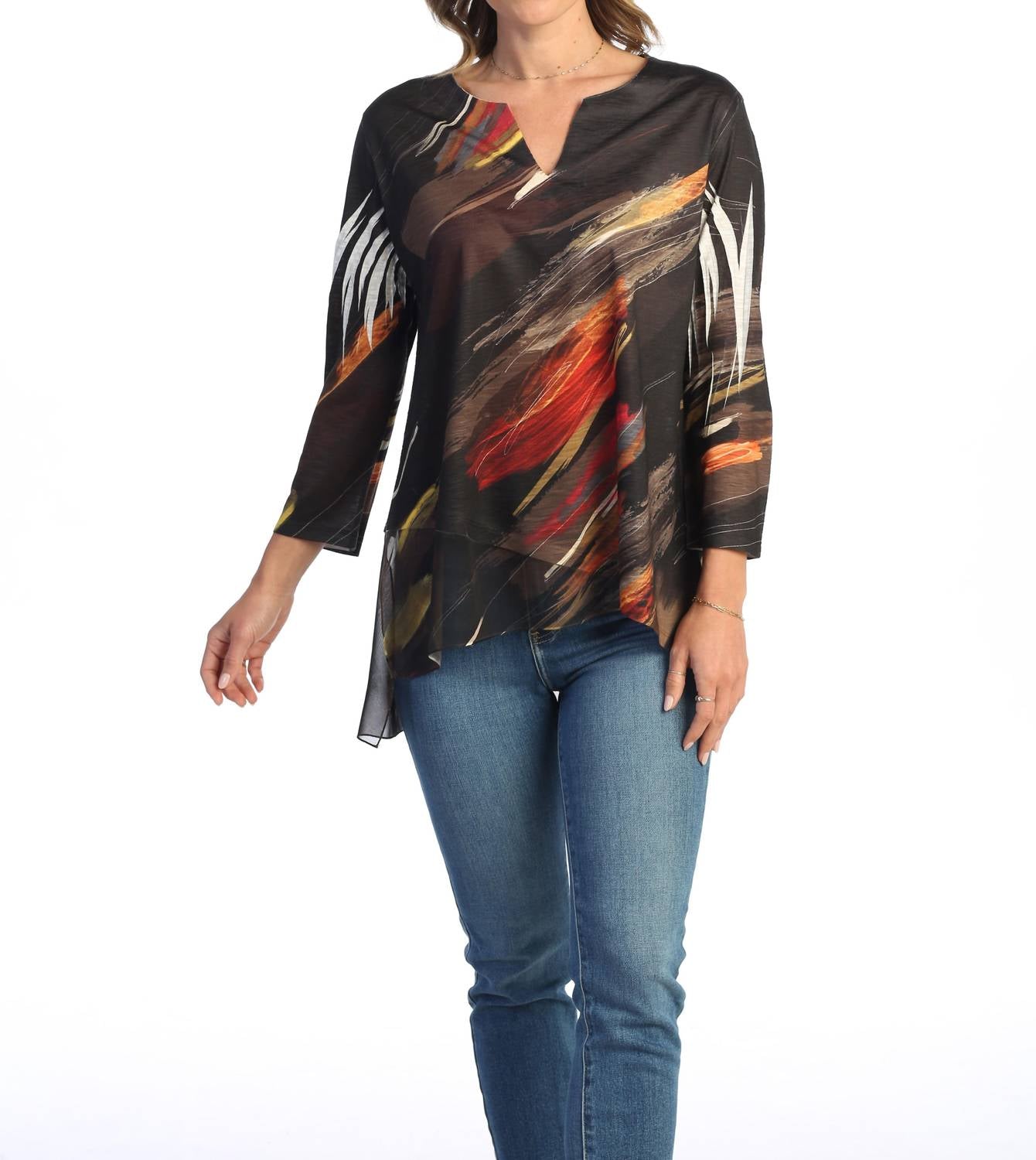 Jess & Jane - Women's Dunes Slit V Neck Chiffon Contrast Top