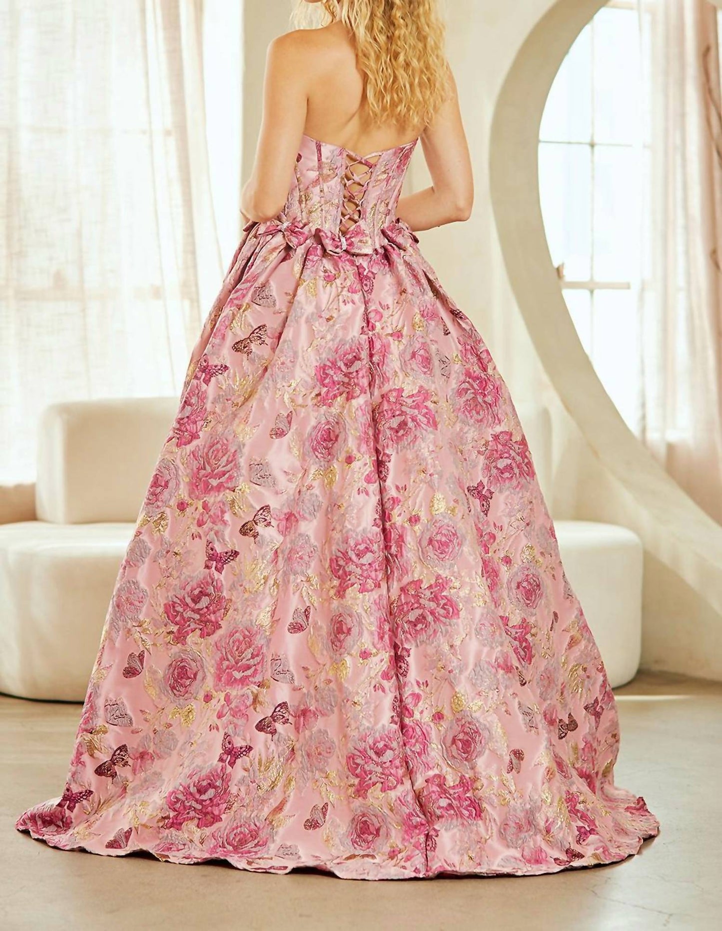 Amelia Couture - Strapless Flower Bow Detail Prom Gown