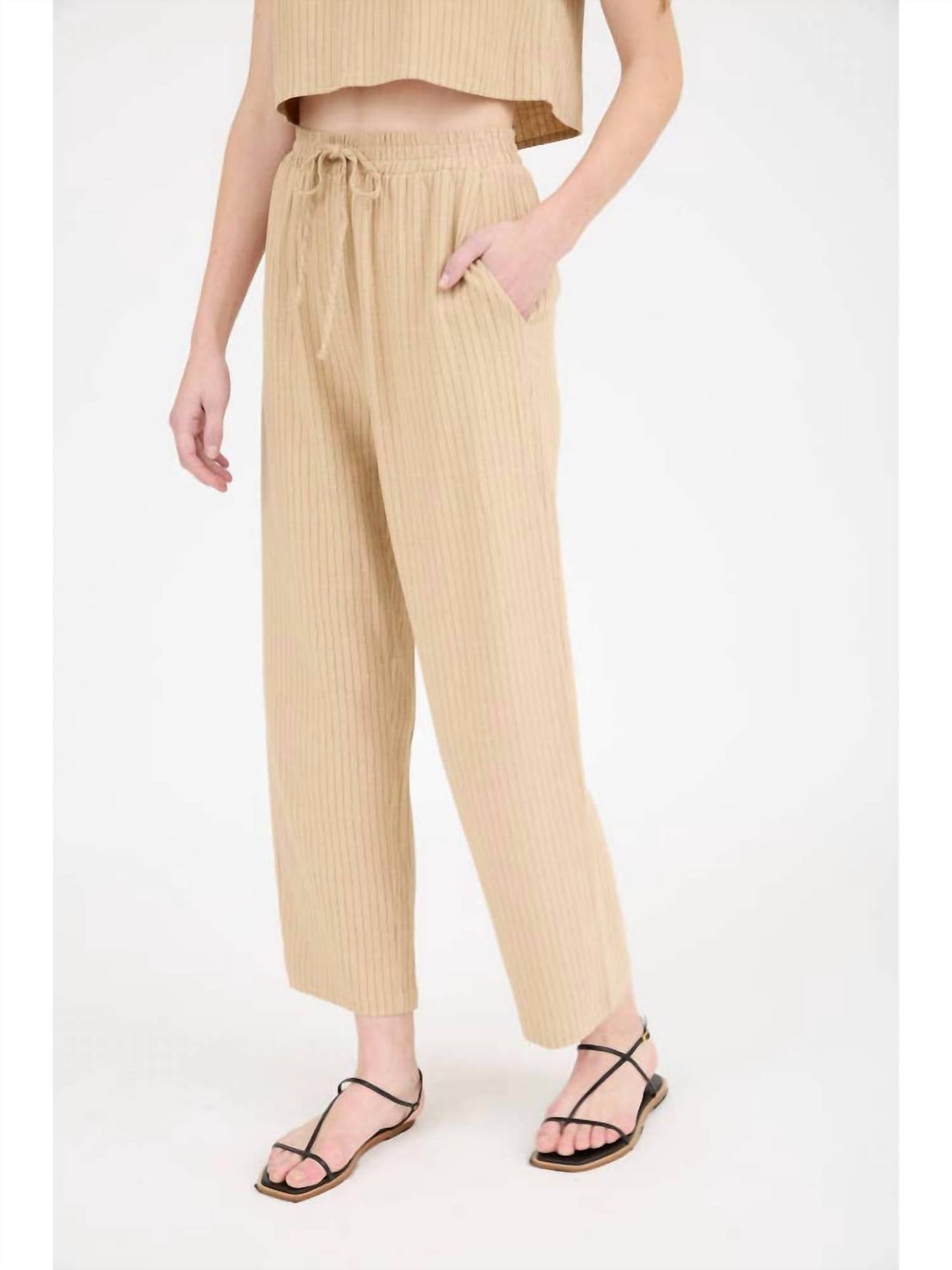 Blu Pepper - Pinstripe Drawstring Straight Leg Linen Pants