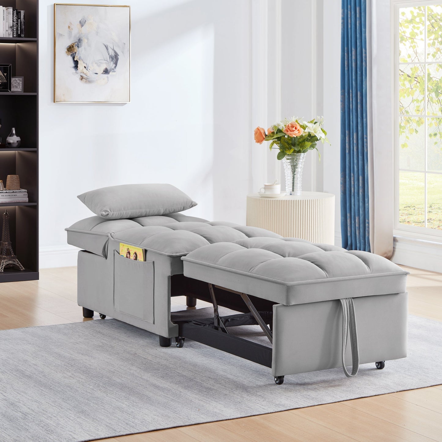 4 in 1 Multi-Function Single Sofa Bed with Storage Pockets Gray