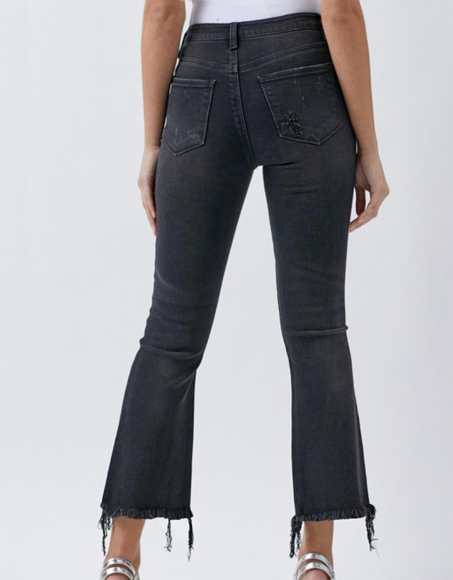 Risen - Mid Rise Distressed Crop Ankle Flare Jeans