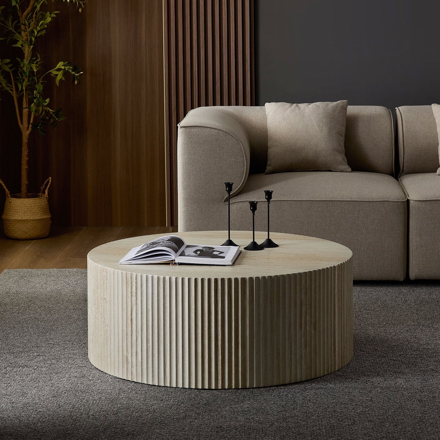 Faux Travertine Round Coffee Table with Eye-Catching Relief Design