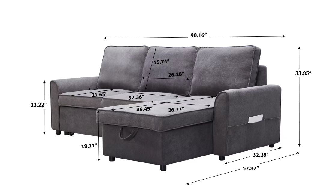 Modern Modular L-Shaped Sofa Bed with Chaise Dark Grey Linen