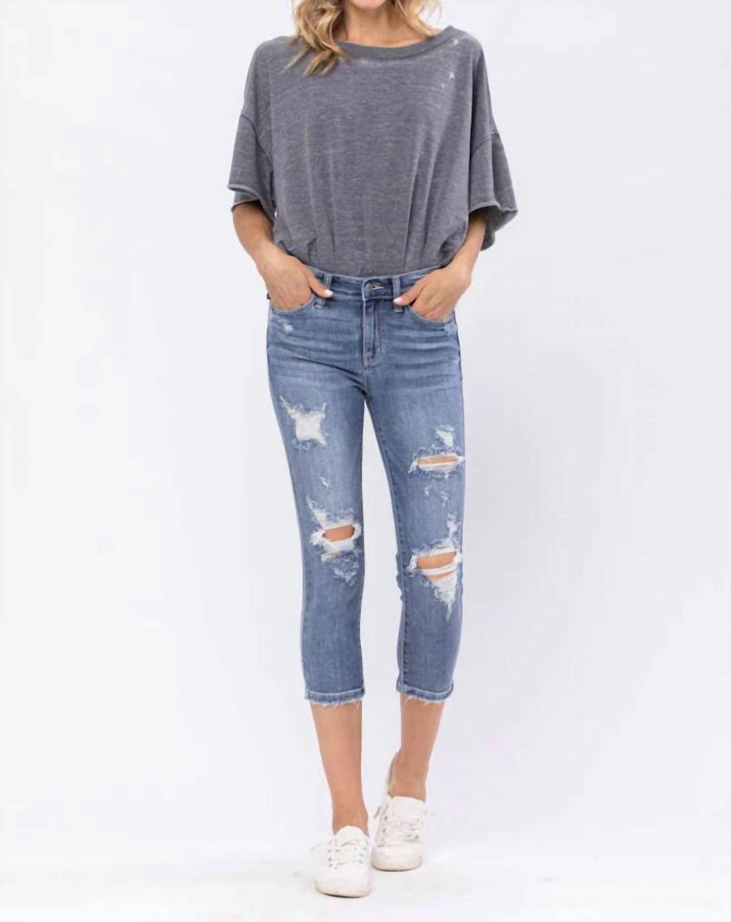 Judy Blue - Mid-rise Destroyed Capri Jeans - Plus