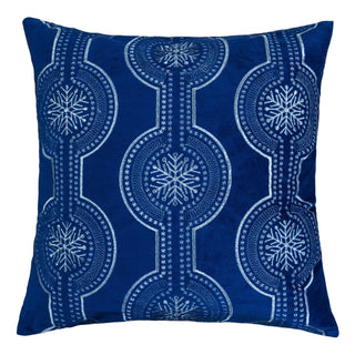 Holiday Blue Velvet Throw Pillow with White Snowflake Embroidery, 20x20, Polyester Fill