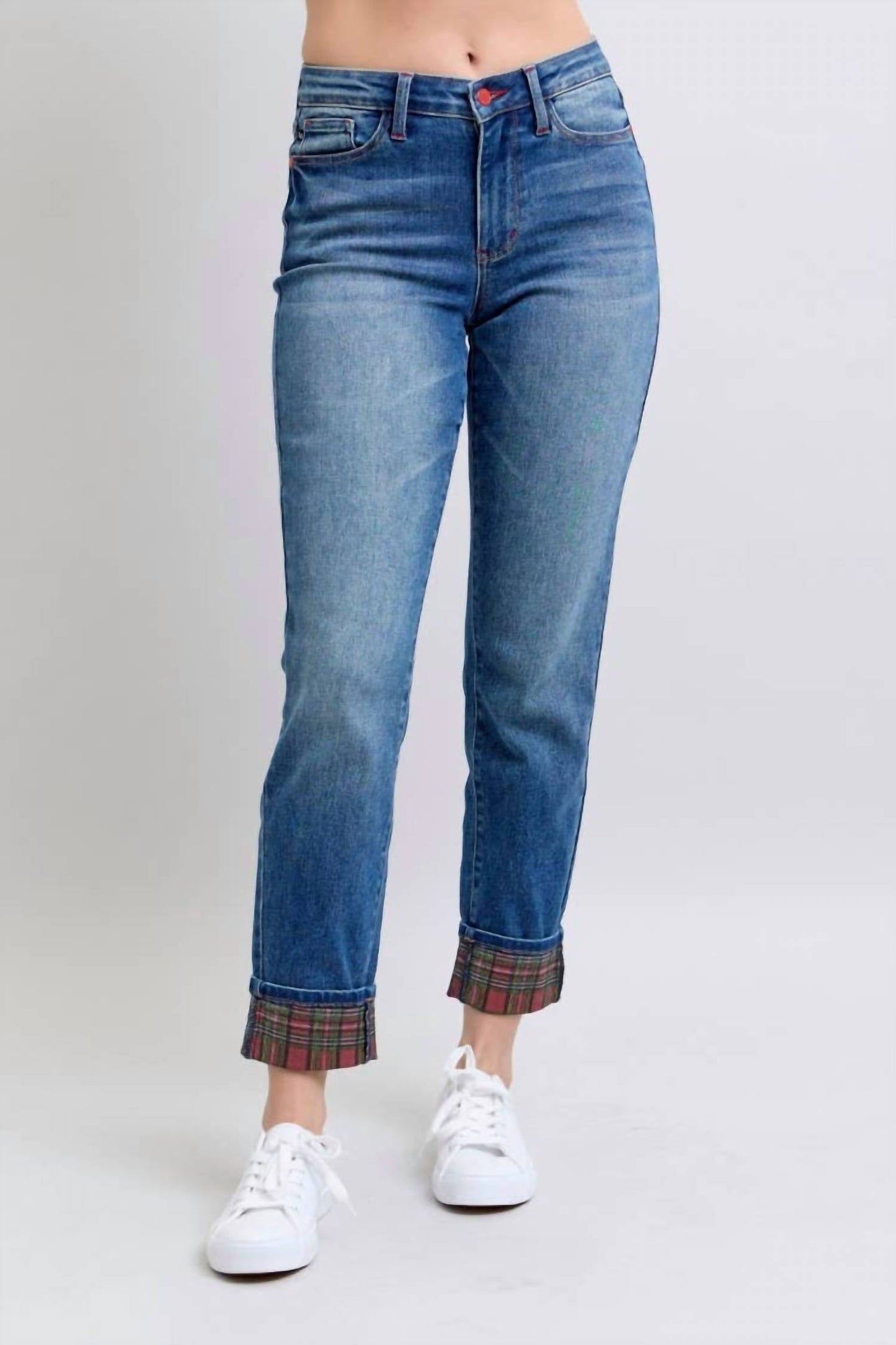 Judy Blue - Mid-rise Plaid Print Cuff Boyfriend Jeans