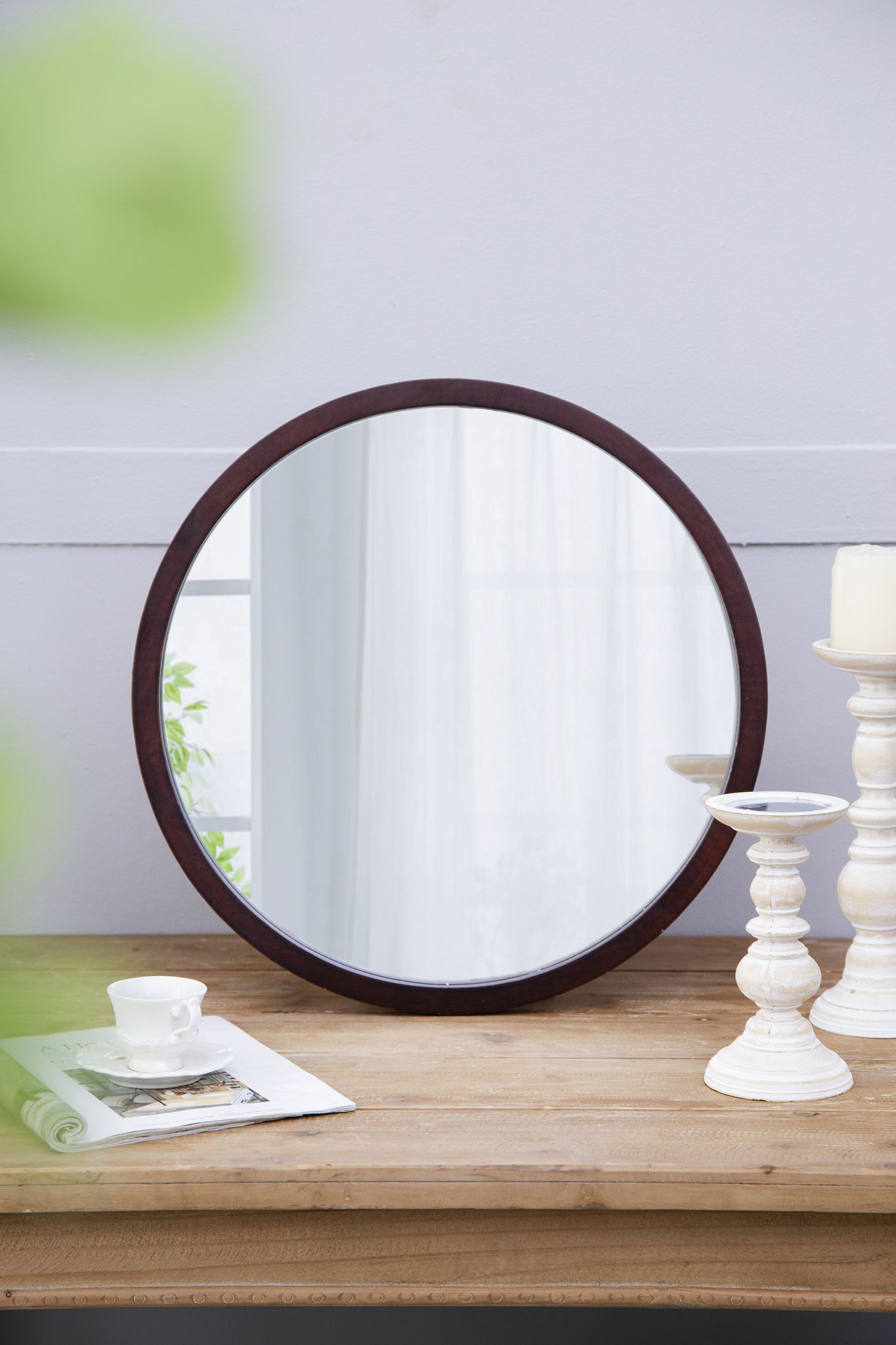 Circle Wall Mirror With Wooden Frame for Living Room