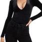 Good American Plunge Neck Long Sleeve Velvet Bodysuit in Black001