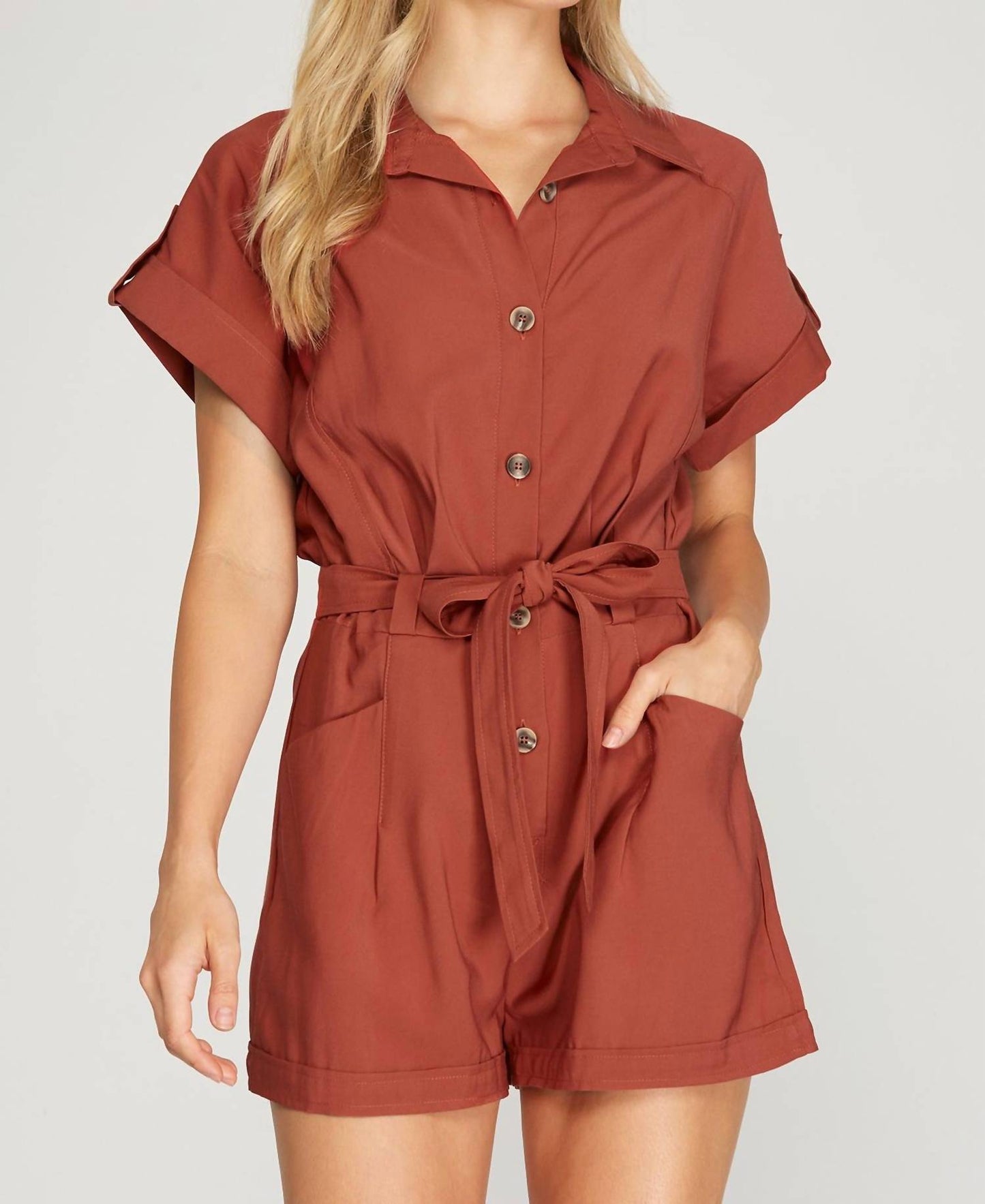 She + Sky - Drop Shoulder Woven Twill Romper With Pockets