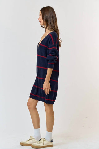 Lalavon - Stripe V-neck Sweater Mini Dress