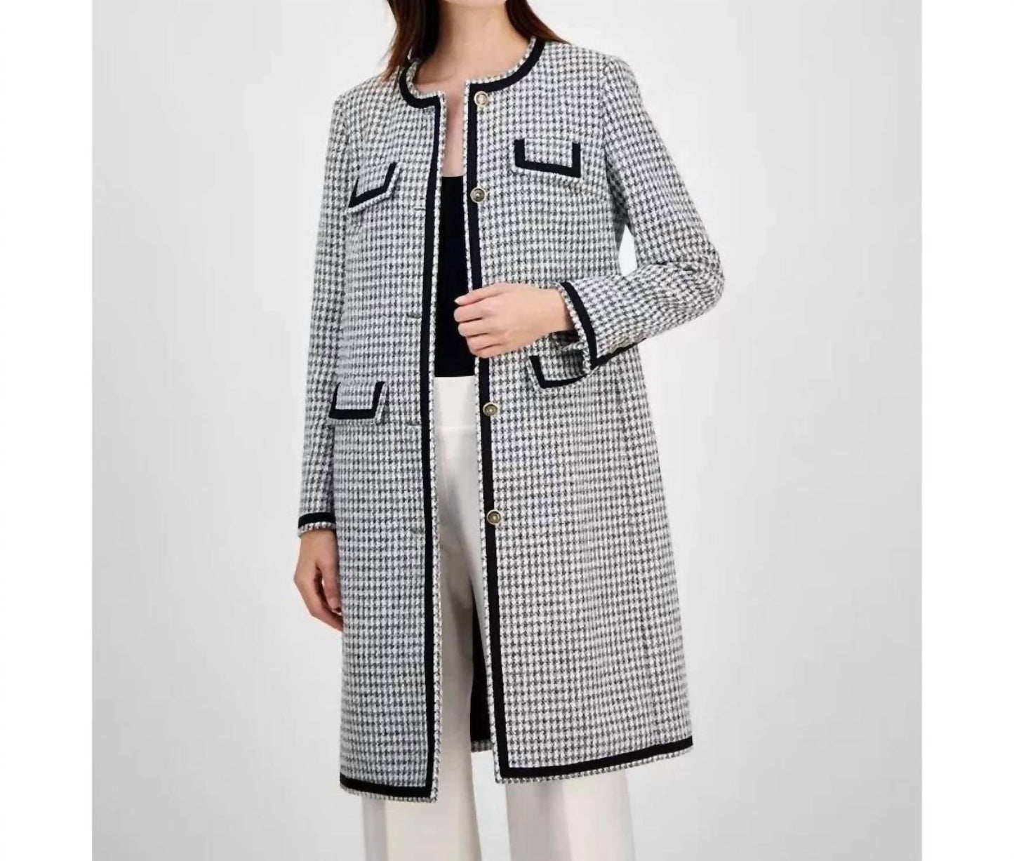 Anne Klein - Tweed Collarless Long Jacket