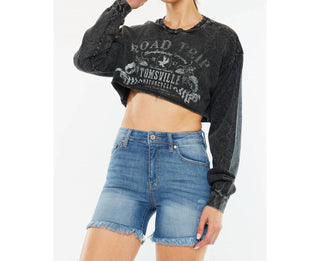 Kancan - Shorts jeans Cheyenne de cintura alta com bainha desfiada