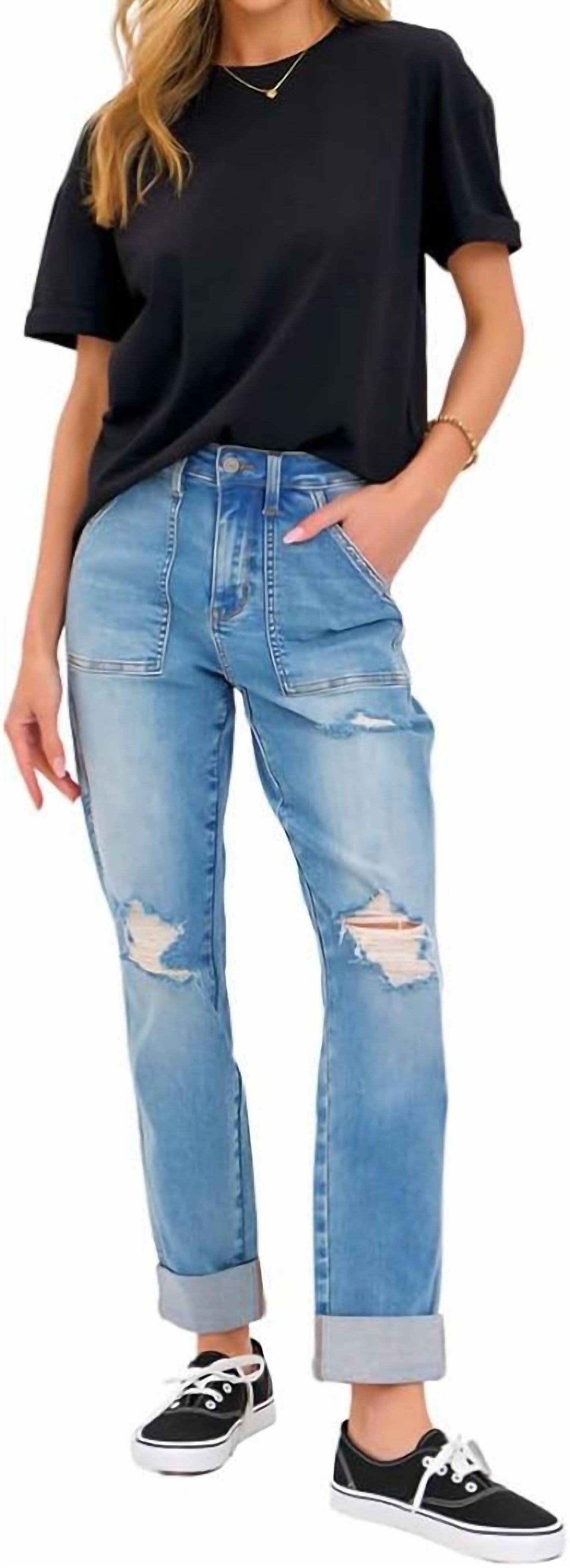 Judy Blue - High Rise Patch Pocket Distressed Boyfriend Jeans