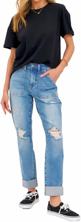 Judy Blue - Calça jeans boyfriend desgastada com bolsos de remendo de cintura alta