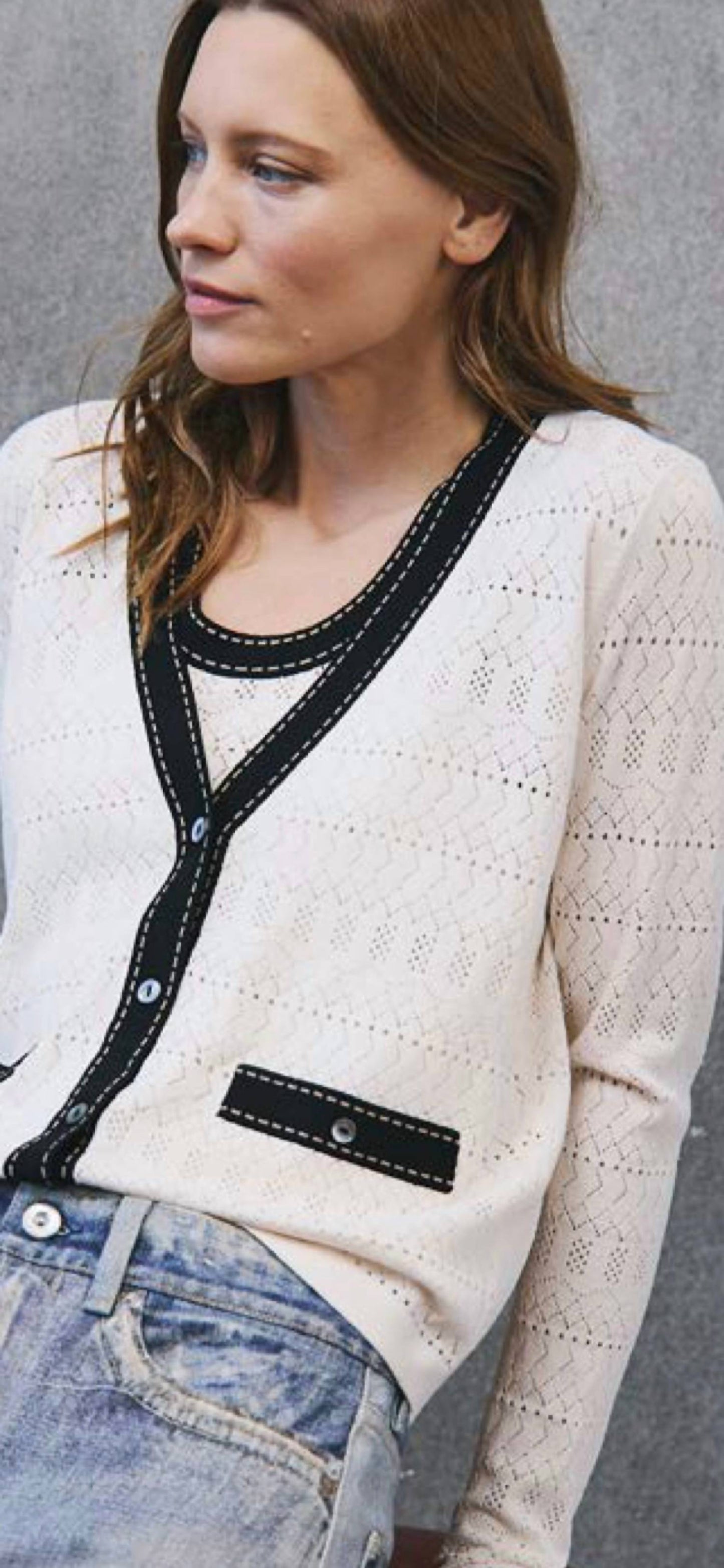 Autumn Cashmere - Pointelle V-neck Saddle Stitching Cardigan