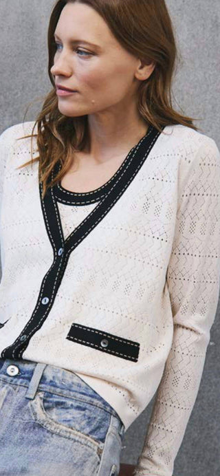 Autumn Cashmere - Pointelle V-neck Saddle Stitching Cardigan