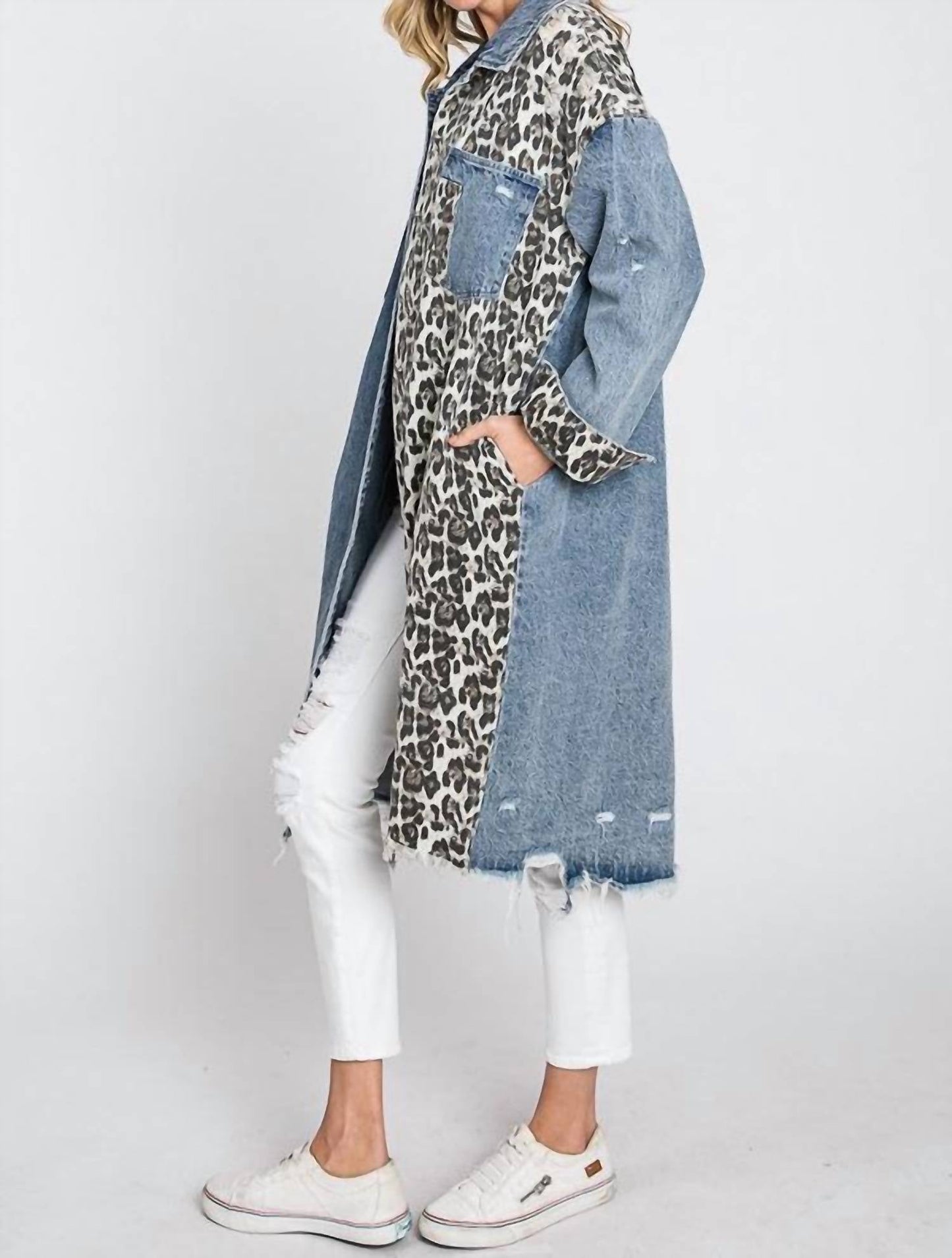 Oli & Hali - Long Color Block Leopard Denim Jacket