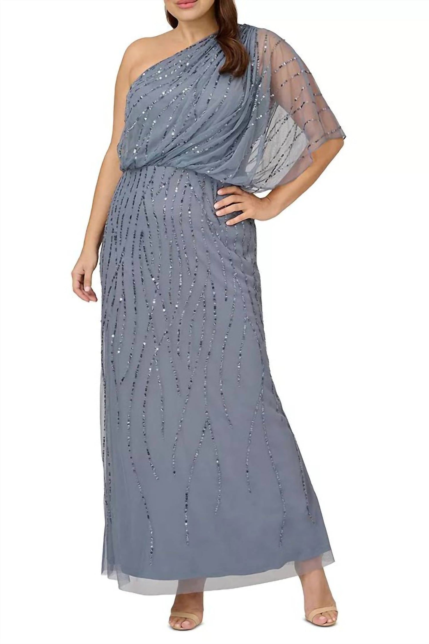 Adrianna Papell - Sequin One Shoulder Illusion Sleeve Blouson Gown - Plus