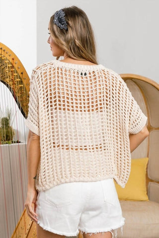 Bibi - Blusa de crochê em rede com manga curta