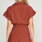 She + Sky - Drop Shoulder Woven Twill Romper With Pockets