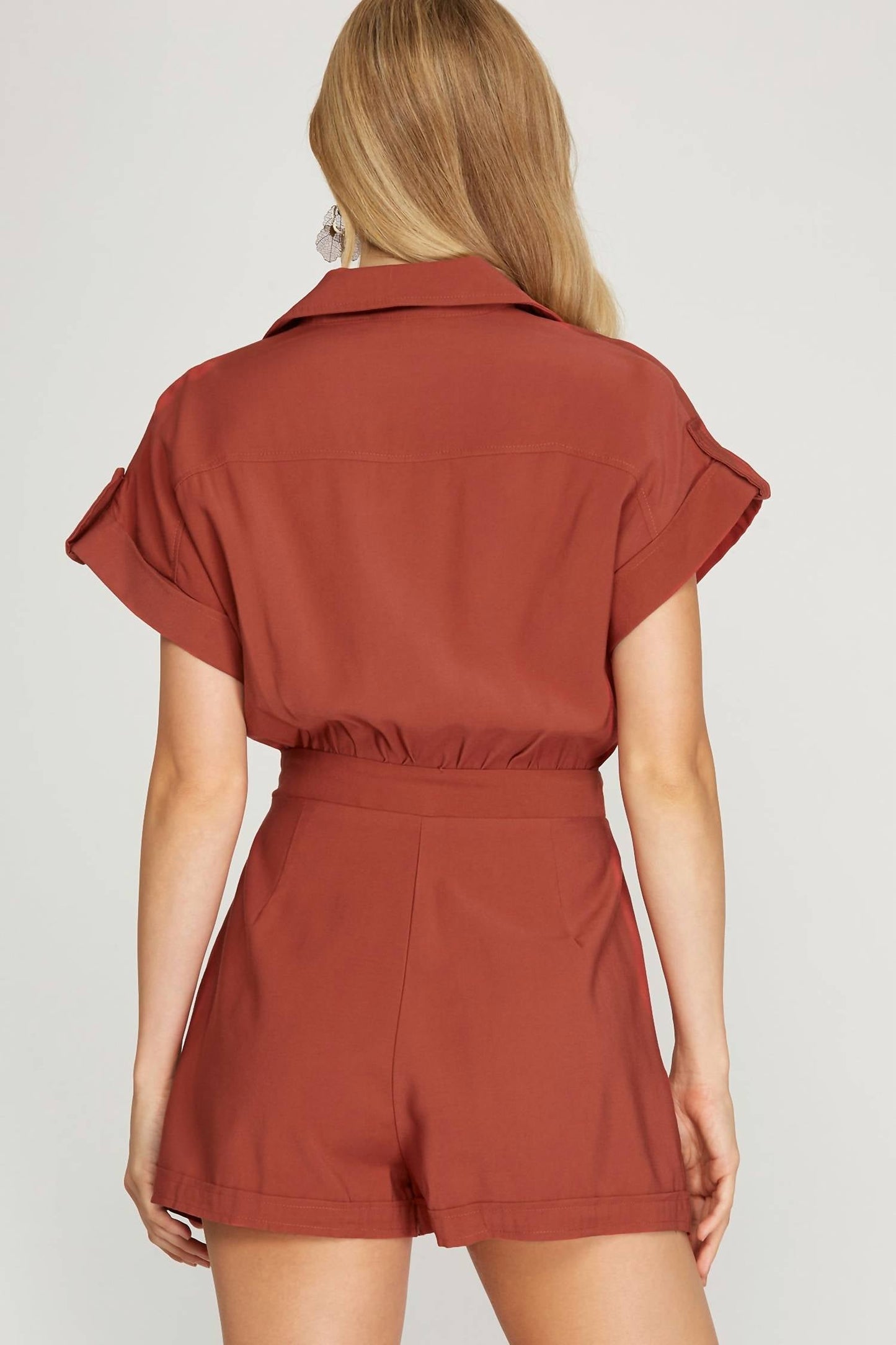 She + Sky - Drop Shoulder Woven Twill Romper With Pockets
