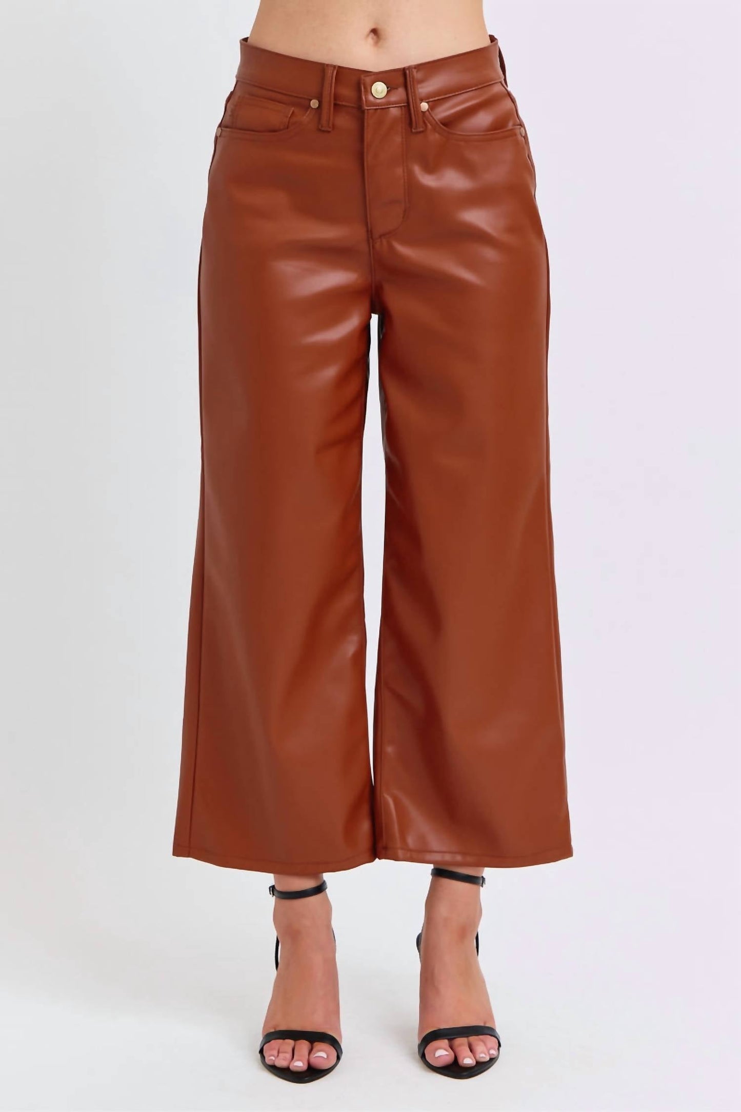 Judy Blue - High Rise Tummy Control Faux Leather Crop Wide Leg Jeans