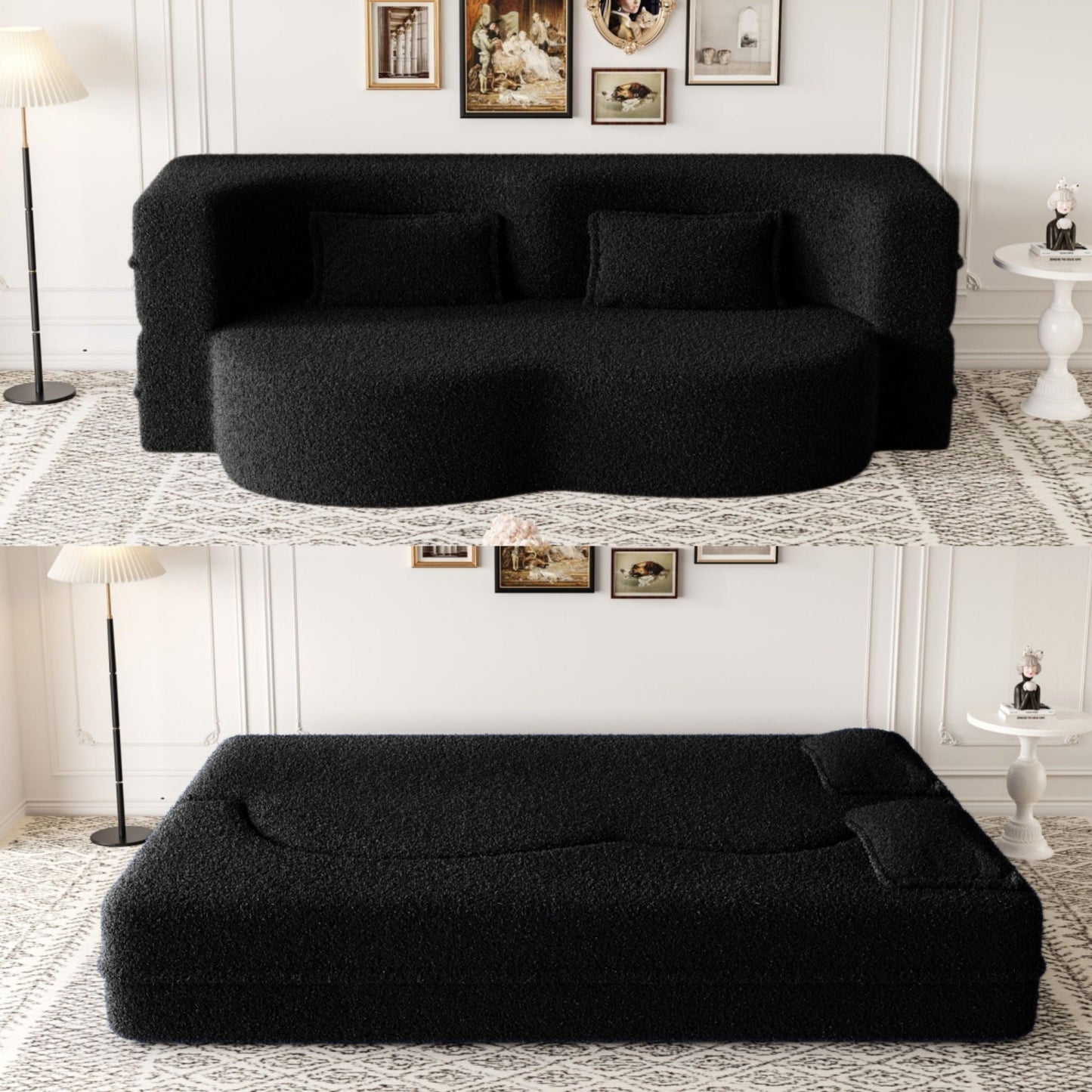 Modern Floor Sofa, With 2 Pillows, Convertible Teddy Fabric Foam Filled Bed