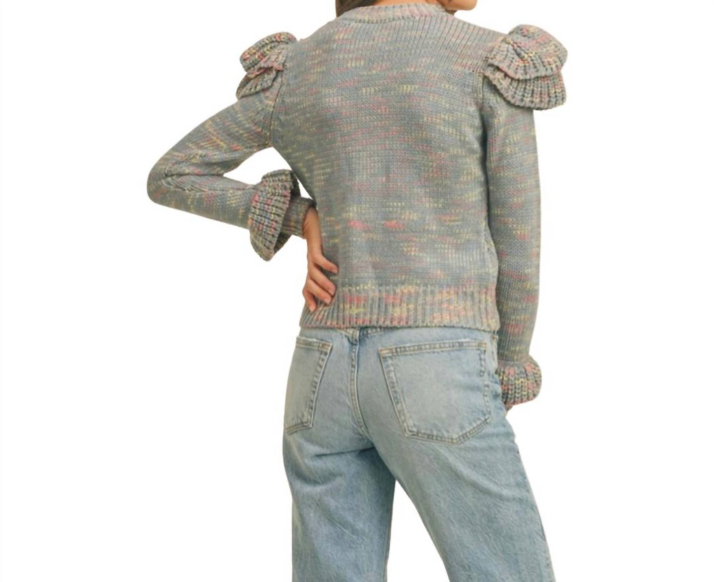 &Merci - Ruffled Shoulder Mix Knit Sweater