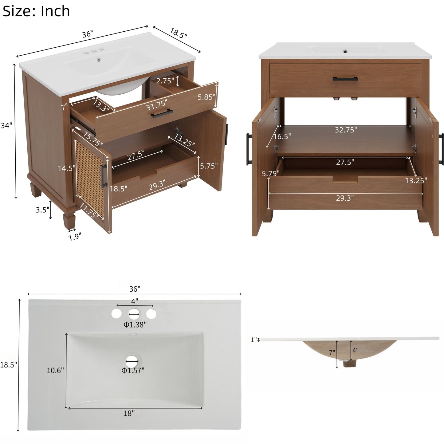 Bathroom Vanity With Ceramic Sink, Modern Free Standing Cabinet