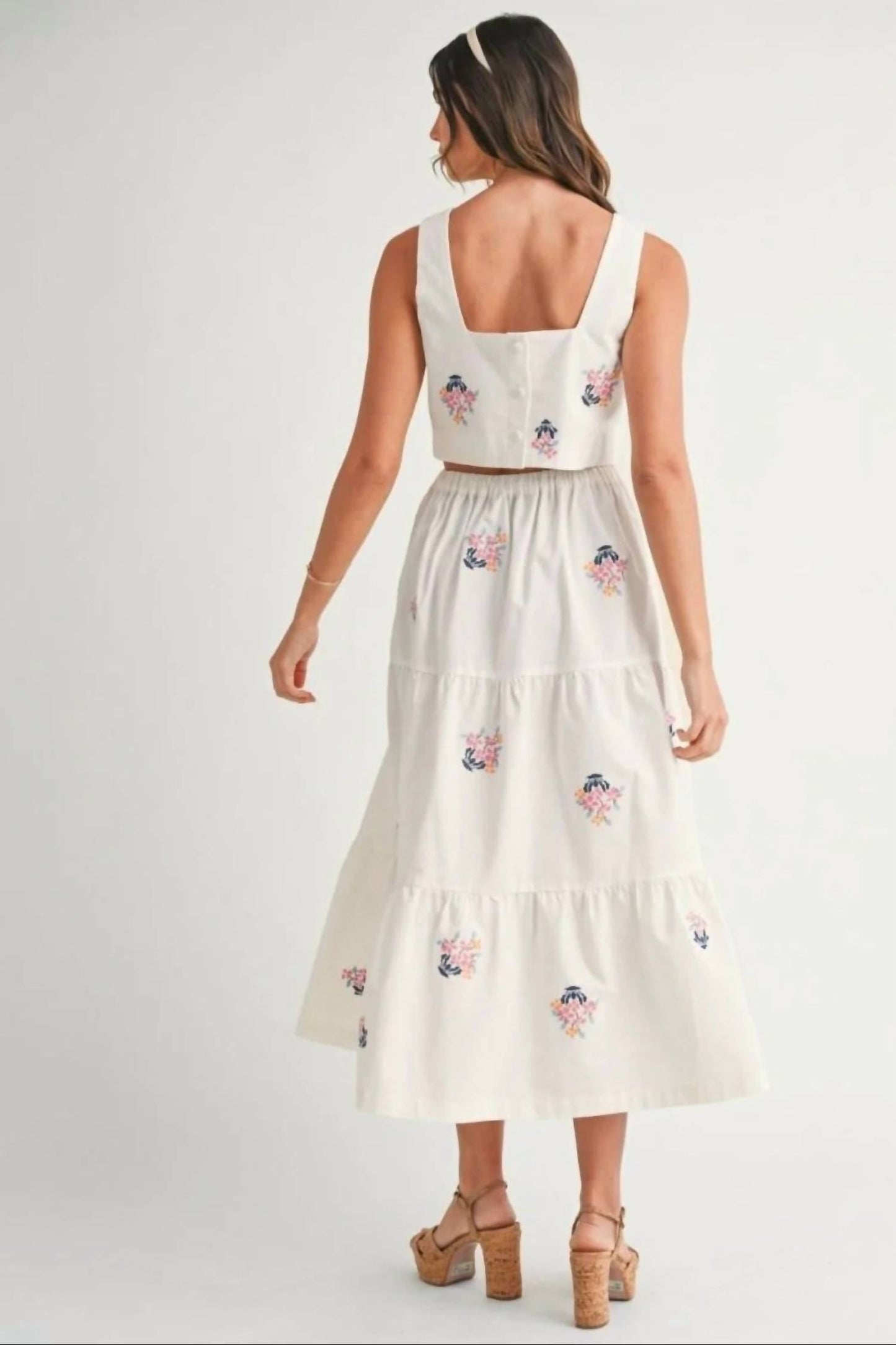 Mable - Madison Embroidered Crop Top And Midi Skirt Set